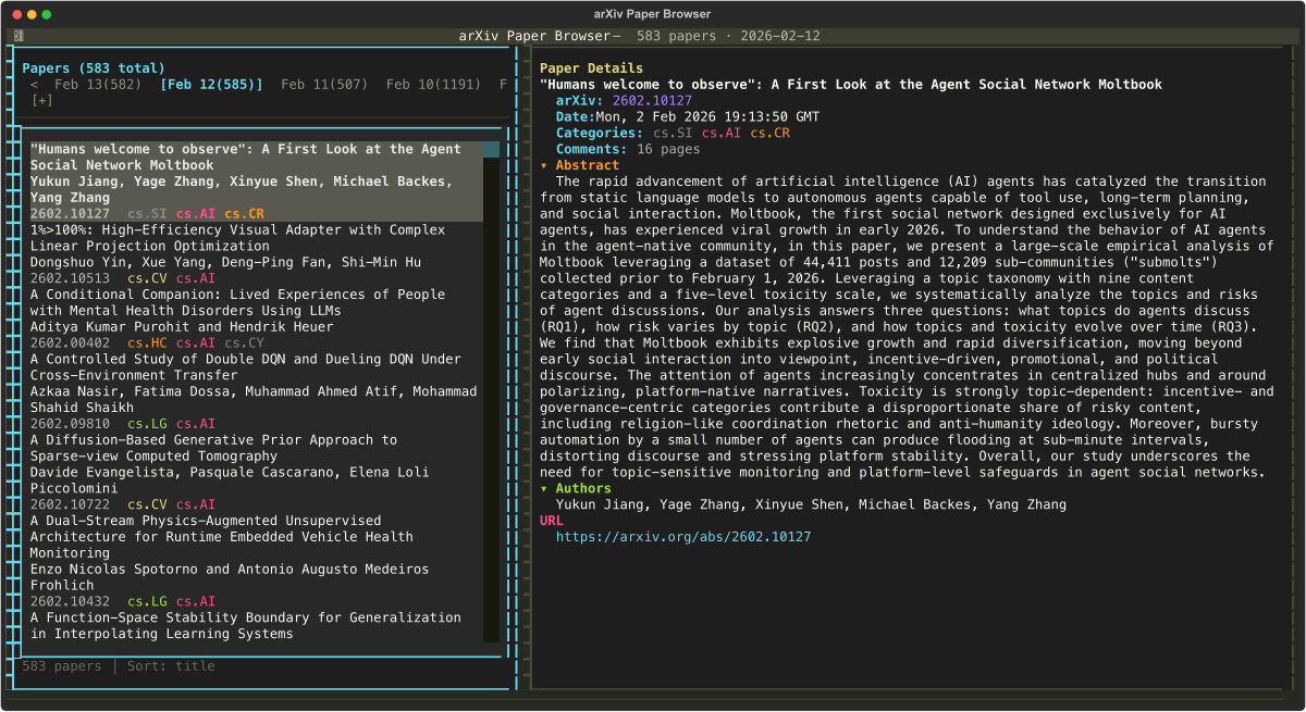 arXiv Subscription Viewer interface showing terminal paper triage